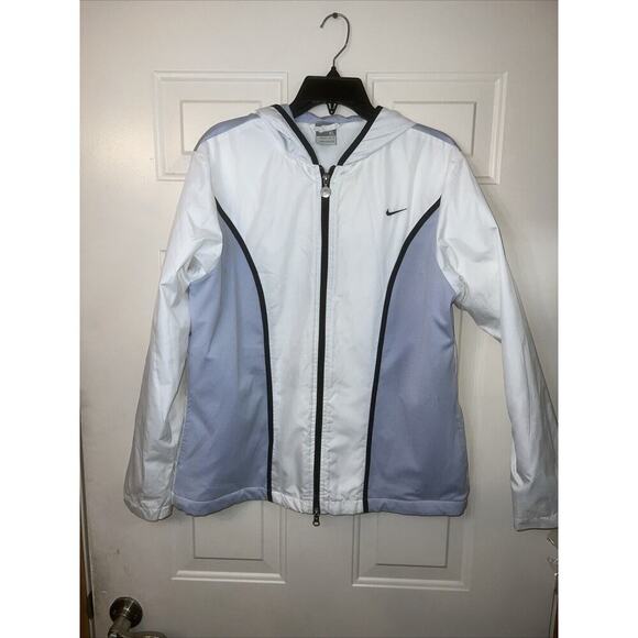 Nike Jackets & Blazers - Nike Jacket Windbreaker Hooded Full Zip Rain Coat Women's XL White Blue Swoosh